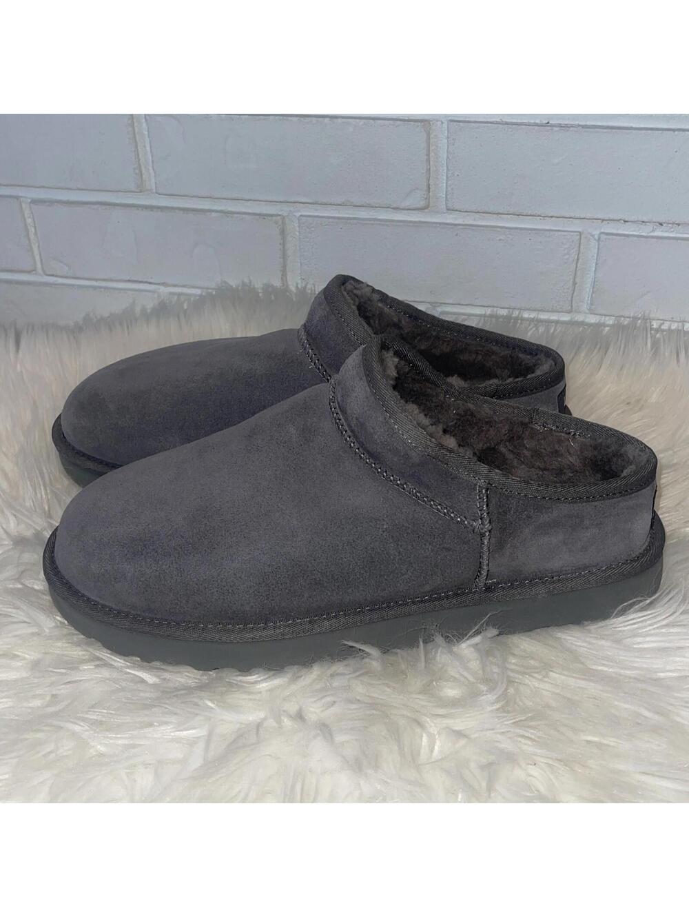New UGG Classic Slipper Womens Size 12 Gray Suede Shoe Fur Lined